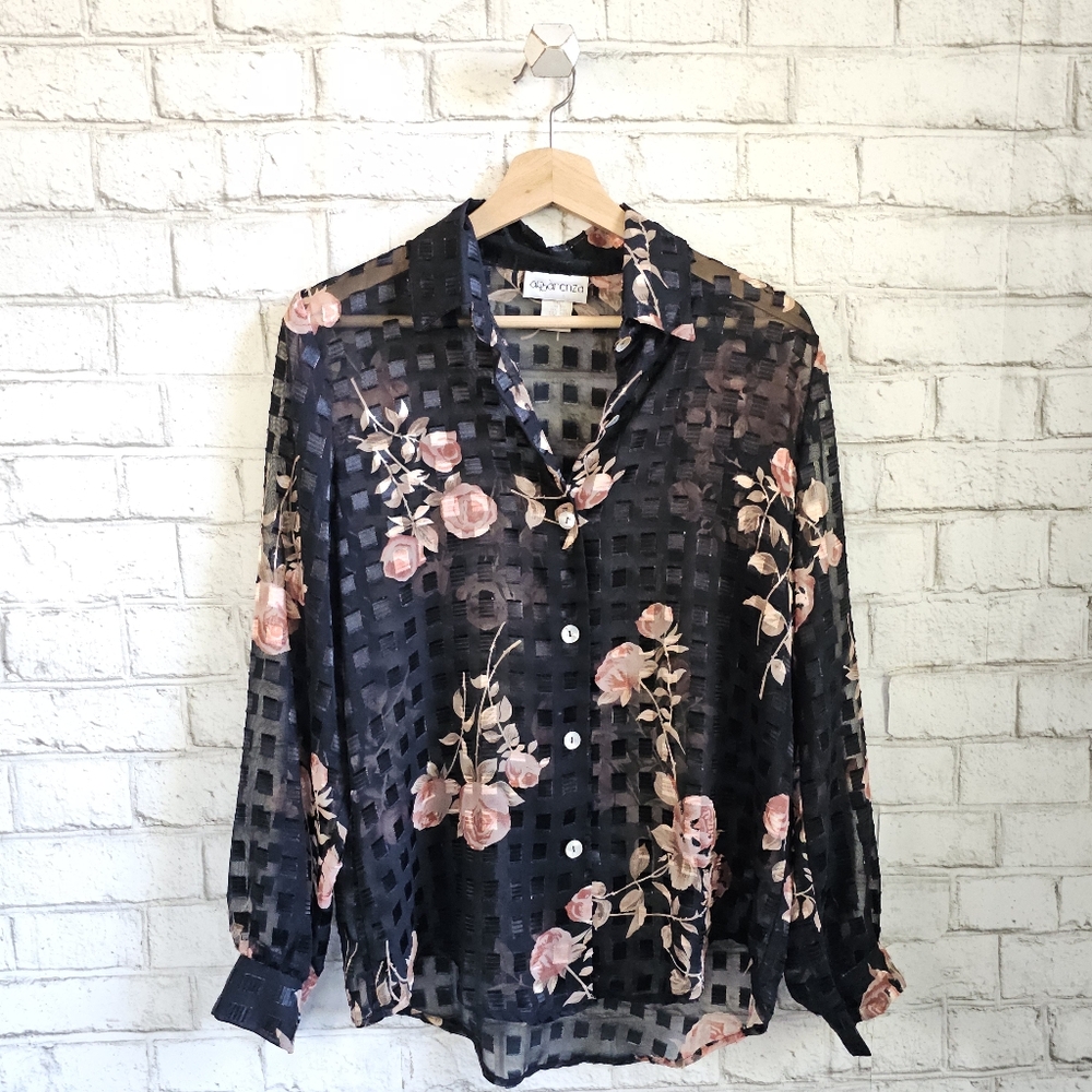 ☆ APPÀRENZA Sheer Floral Windowpane Button-Up Shirt, S ☆